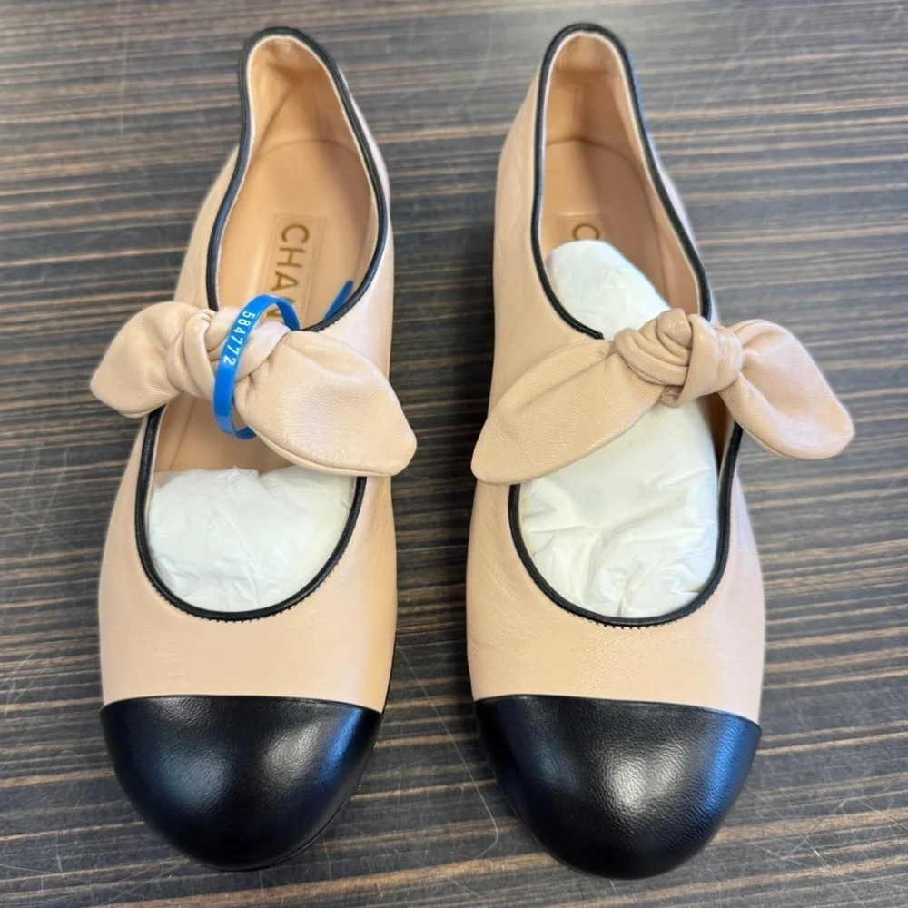 CHANEL Nude and Black Flats with Bow Mary Jane Strap 37